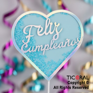 CAKE TOPPER CON CONFETTI CORAZON FELIZ CUMPLEA�OS CELESTE (U24-226)